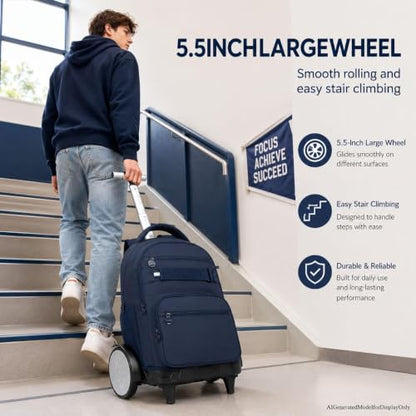3Pcs Large Wheels Rolling Backpack for Boys Men, 20 Inches Detachable Wheeled Backpack Set, Water Resistant Roller Backpack for Travel Work College School (Blue) - color: Cassic-bue (Large Wheels)