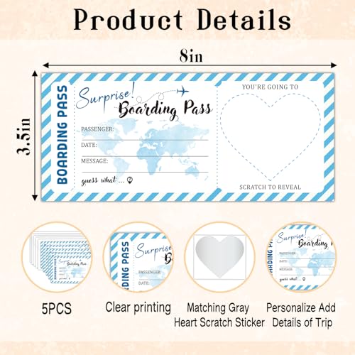 Blue Stripe Surprise Destination Revealed Card With Envelopes, 5 Set Plane Tickets Boarding Pass, DIY Birthday Gift Tickets for Wedding, Holiday, Birthday, Christmas, Party Supply-004-5 - style: 5 SET
