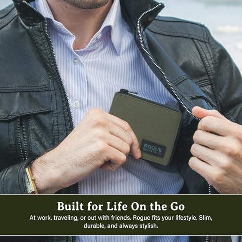 ROGUE WALLET Leather & Nylon Zip Wallet for Men, RFID Blocking, Khaki - color: Khaki
