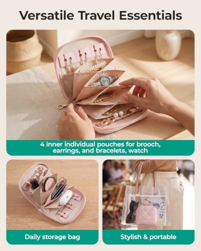 BAGSMART Travel Jewelry Case, Leather Zip for Rings Necklaces - color: 2-Light Beige, size: Small