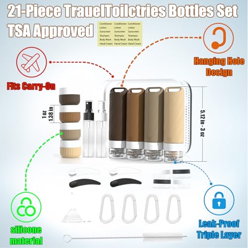 Travel Toiletry Containers 26Pcs Silicone Leakproof TSA Approved Set - color: Brown