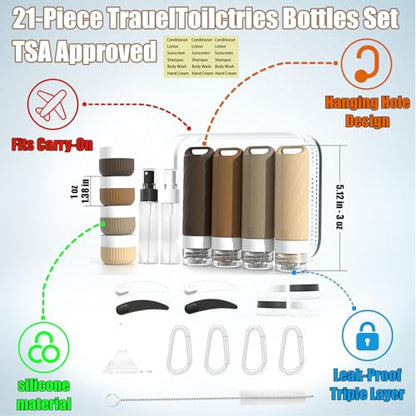 Travel Toiletry Containers 26Pcs Silicone Leakproof TSA Approved Set - color: Brown