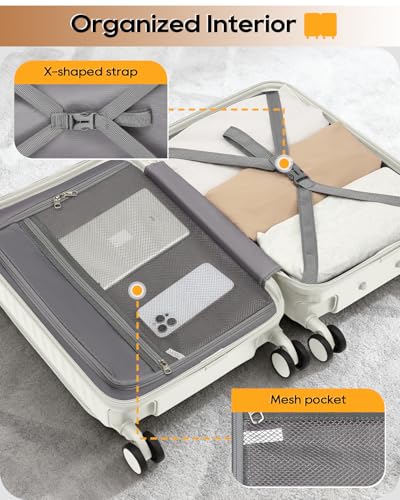 Joyway 20 Inch Carry On Luggage with Front Pocket and Cup Holder, White - color: Beige, size: 20 Inch