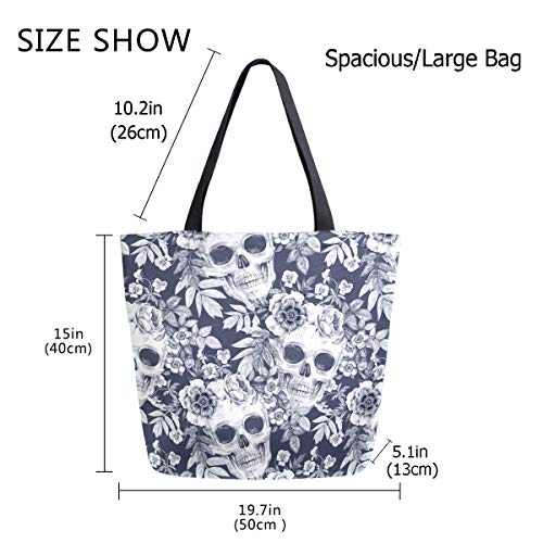 Chic Funny Cute Pattern Big Handle Extra Large Shoulder Tote Bag for Beach Travel Weekender Gym Grocery Shopping - style: Flowers&skulls