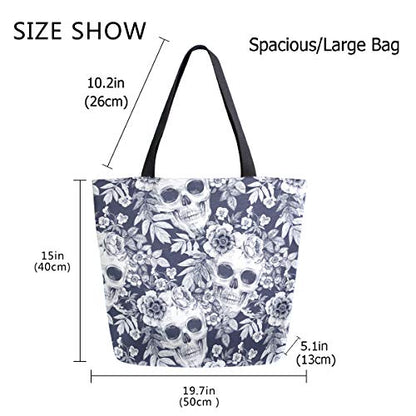 Chic Funny Cute Pattern Big Handle Extra Large Shoulder Tote Bag for Beach Travel Weekender Gym Grocery Shopping - style: Flowers&skulls