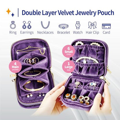 Small Travel Jewelry Case with Earring Box Mini Jewelry Case - color: Purple double-layer