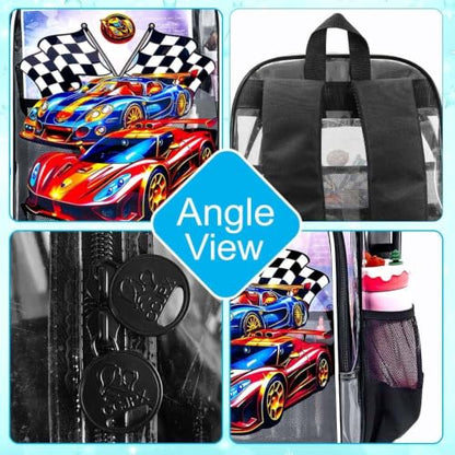 HPJGD Reflective Safety Kids Clear Backpack, 3PCS Transparent Bookbag Set for Boys, Heavy-Duty See Through School Bag for Elementary Students - Race Car Black - color: Cool Uv Racing Car Black Clear Backpack