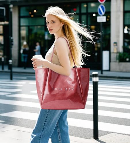 KALIDI PVC Tote Bag Women Large Kraft Paper Travel Beach Bag Jelly Purses - color: Red