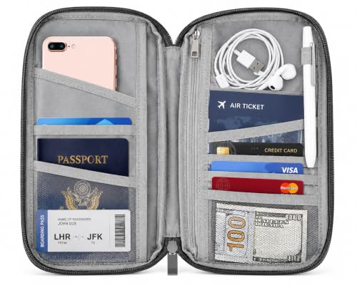 Travel Passport Holder Wallet, Travel Document Organizer with Multiple Pockets, Zipper Passport Wallet for ID Cards, Credit Cards, Tickets, Phone and Documents