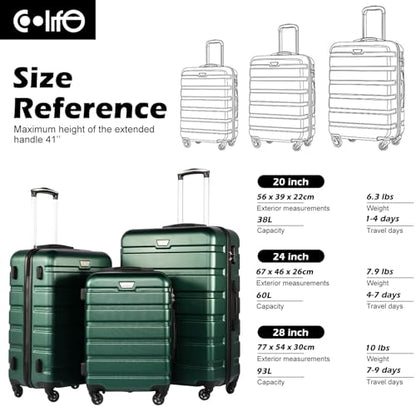 Coolife Luggage Set, Lightweight Durable Hardshell, 3 piece, Dark Green | suitcase set with 360° Spinner Wheels, TSA-approved Lock, Checked Family Travel, 20/24/28 Inch - color: Dark Green