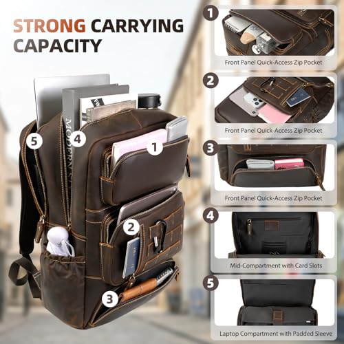 Full Grain Leather Backpack for Men, 17" Laptop Travel Rucksack, Brown - size: fits 17" laptop