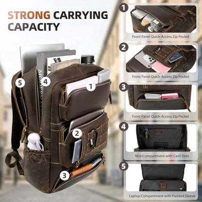 Full Grain Leather Backpack for Men, 17" Laptop Travel Rucksack, Brown - size: fits 17" laptop