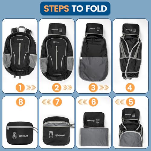 ZOMAKE Lightweight Packable Backpack 25L, Foldable Hiking Daypack - color: Black B