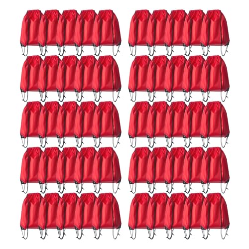 Drawstring Backpack Bulk 50 Packs Draw String Bags for Gym Sports Trip Pedestrianism Cinch Sack DIY for Women Men (red) - color: Red
