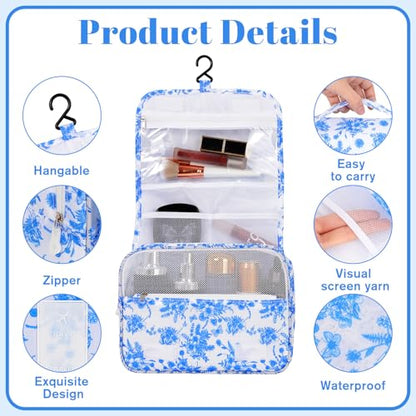 Hanging Toiletry Bag for Women, Portable Cosmetic Summer Beach Bag, Floral - color: blue&white