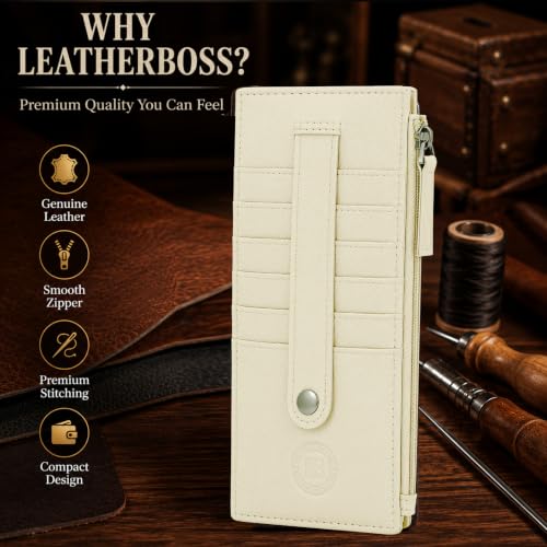 Leatherboss Genuine Leather Women's All in One Credit Business Card Case Holder Slim Zipper Wallet With a Card Protection Strap, Cream - color: Cream