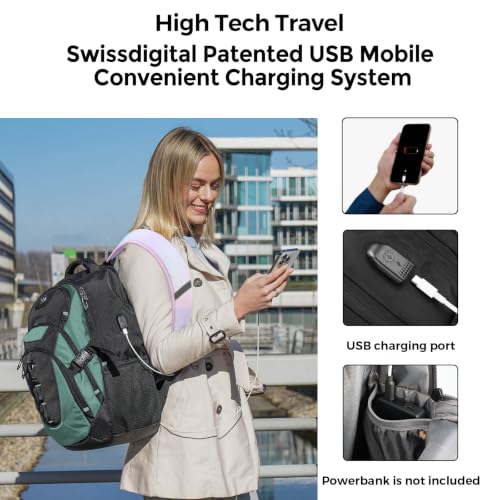 Swissdigital Design Laptop Backpack for Men with USB Charging Port SD803-27 - color: Lake Green/Black