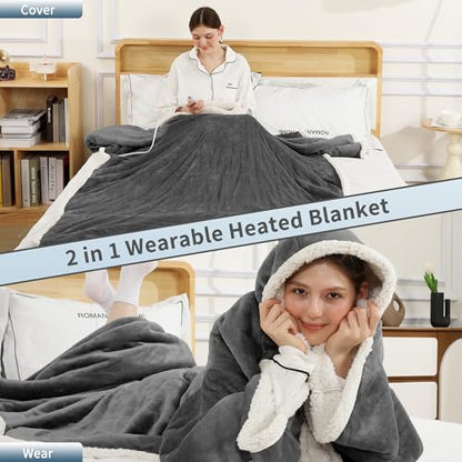 ESTINGO Wearable Heated Blanket with Foot Pocket, Heated Electric Blanket - color: Grey, size: 50"x70"