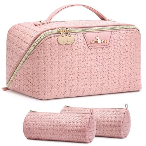 Travel Makeup Bag for Women: 3 Pcs Set Vagen Leather Cosmetic Bag - color: 01Pink