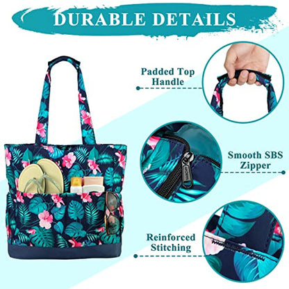 VASCHY Beach Bag for Women, Large Waterproof Sandproof Fold-able Packable Pool Tote Bag w Zipper/Pockets - color: Green Flowers