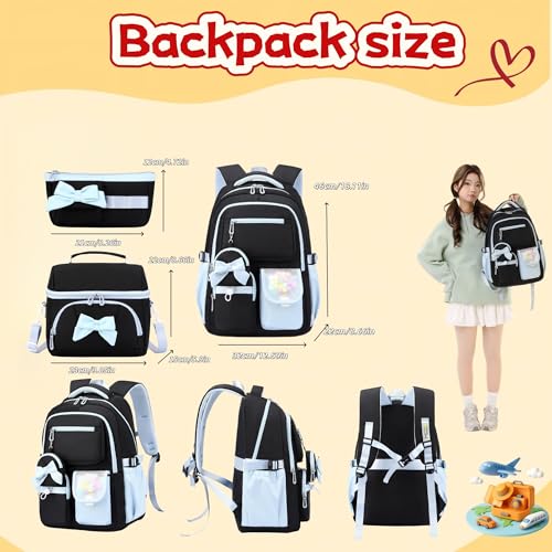 Bows Backpack for Girls 3PCS Backpack for Elementary Junior School Travel - color: 3pcs Black+blue