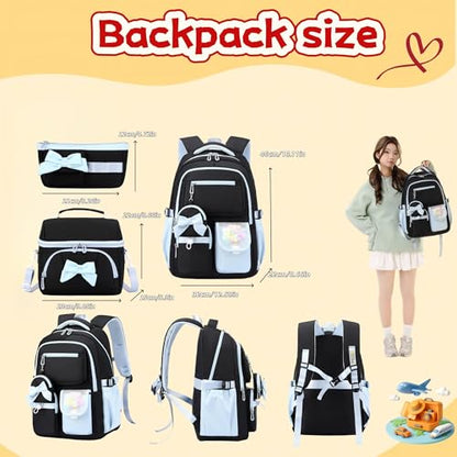 Bows Backpack for Girls 3PCS Backpack for Elementary Junior School Travel - color: 3pcs Black+blue