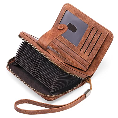 GAEKEAO Leather Credit Card Holder Wallet for Women RFID Blocking Large Capacity Bifold Zipper Card Case Organizer with Wristlet 32 Slots - color: B-Bronze-Large