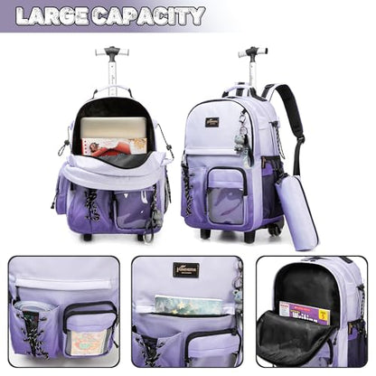 Kids Backpack with Wheels Kids Rolling Backpack Suitcase Carry on Luggage Backpacsk with Wheels for Teens Boys Girls Rolling Backpacks for Elementary Middle High School Students - color: Gradient Purple Gray