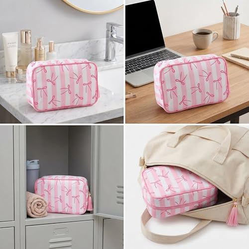 Preppy Striped Makeup Bag for Women, Structured Travel Cosmetic Pouch with Protective Sponge Padding, Large Canvas Toiletry Organizer with Tassel Zipper for Daily Purse(Pink bow) - color: Pink bow