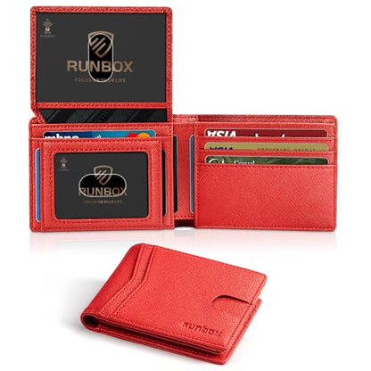 RUNBOX Wallet for Men -Slim Rfid Leather Mens Bifold Novelty Wallets 2 ID Window With Gift Box Men's Accessories - color: A pure red