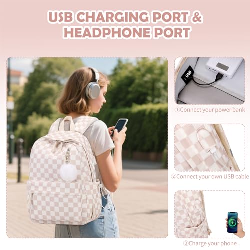 3PCS Corduroy Girls Backpack w/ Lunch Box & Pencil Bag (Beige Chessboard) - color: Beige Chessboard