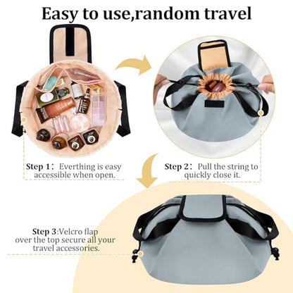 Large Flat Open Makeup Bag,Lay Drawstring Cosmetic Bag Travel Toiletry Bag (Greyish Blue) - color: Greyish Blue