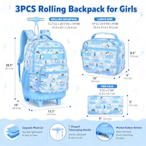 KLFVB Rolling Backpack for Girls and Womens, 3PCS Roller Bookbag with Lunch Bag for Kids, Wheeled School Bag for Children - Blue Cloud Cat - color: Blue Cloud Cat