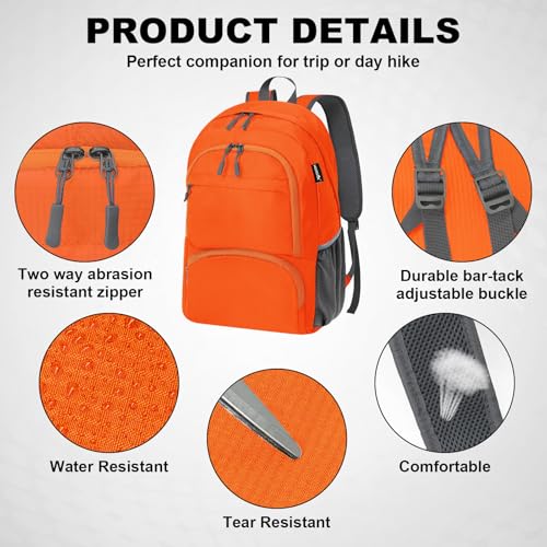 HOLYLUCK 20L lightweight packable Hiking Daypack Foldable Backpack for Men Women Small Travel Outdoor Foldable Shoulder Bag - color: Orange