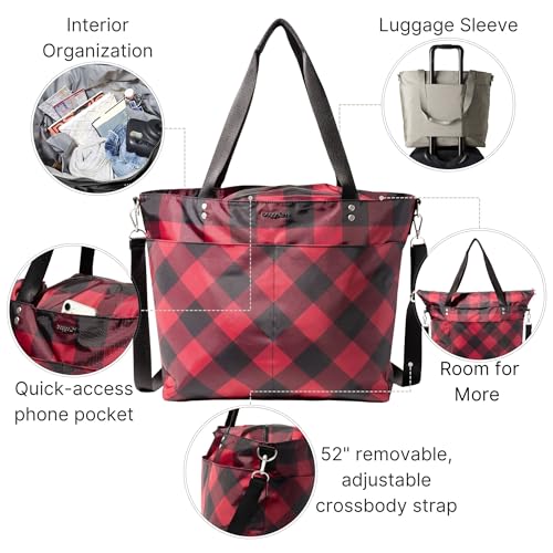 Baggallini Carryall Tote - Lightweight Nylon Zipper Top Weekender Travel Beach Bag w/Luggage Sleeve - color: Red Buffalo Plaid