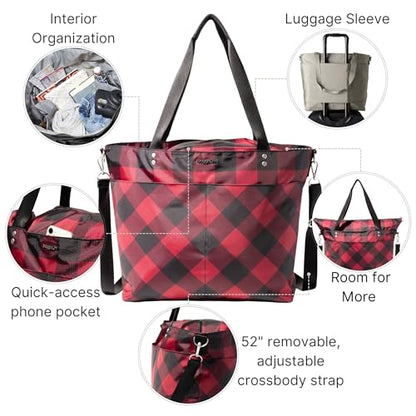 Baggallini Carryall Tote - Lightweight Nylon Zipper Top Weekender Travel Beach Bag w/Luggage Sleeve - color: Red Buffalo Plaid