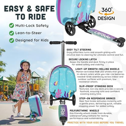 Kids Ride-On Scooter Suitcase, Carry-On Luggage, Ages 4+ - style: Mermaid