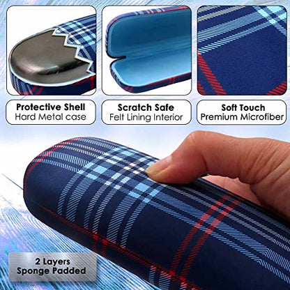 MyEyeglassCase Women's Hard Eyeglass Case | Protective Hard Shell Glasses Case with Pouch and Cloth - color: Plaid Red & Blue