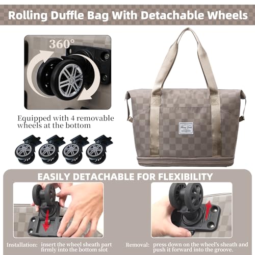 Rolling Duffle Bag with Wheels Expandable Foldable Travel Duffel Bag Checkerboard Carry on Luggage Bag Weekender Bag for Men Women - color: Khaki+Shoe Bag