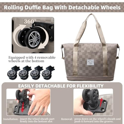 Rolling Duffle Bag with Wheels Expandable Foldable Travel Duffel Bag Checkerboard Carry on Luggage Bag Weekender Bag for Men Women - color: Khaki+Shoe Bag