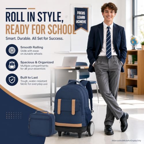 KLFVB Rolling Backpack for Men & Women with Big Quiet-Glide Wheels, 3-in-1 Wheeled Commuter Set with Lunch Bag | Water-Resistant Roller Bookbag for Work, School, Travel - Blue - color: Boys Rolling Backpack with Big Wheels - Blue