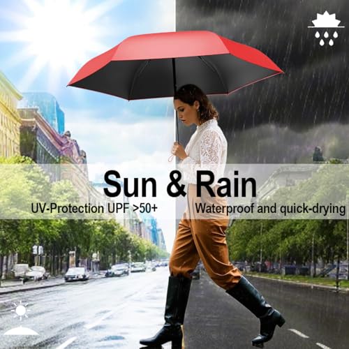 Mini Travel Umbrella, UPF 50+ Compact Fits in Purse - color: Carmine