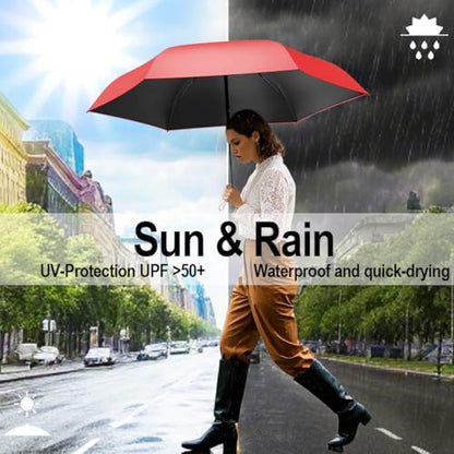 Mini Travel Umbrella, UPF 50+ Compact Fits in Purse - color: Carmine