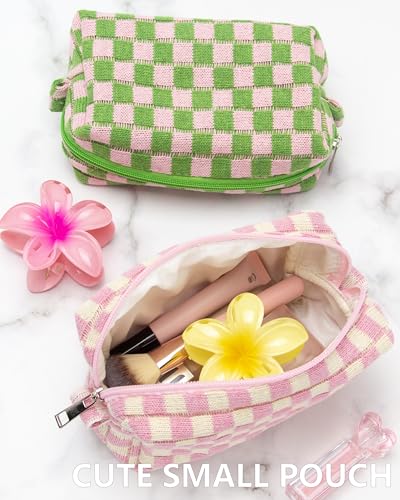 Checkered Makeup Bag for Purse, Small Travel Cosmetic Pouch,Pink Beige - color: Pink Beige