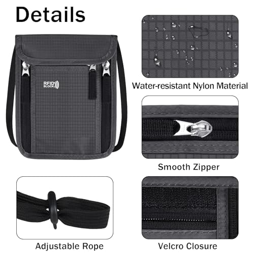 Travel Neck Wallet Women Men RFID Blocking Hidden Passport Holder - color: grey