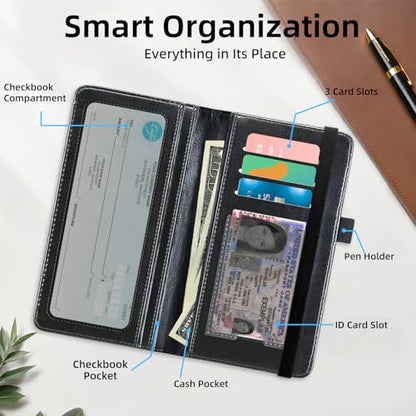 Stained Glass Sunflower Premium Leather Checkbook Cover for Men Women, Multi-Functional Long Wallet with RFID Blocking, Business Card Holder&Pen Loop Slim Design - color: Stained Glass Sunflower