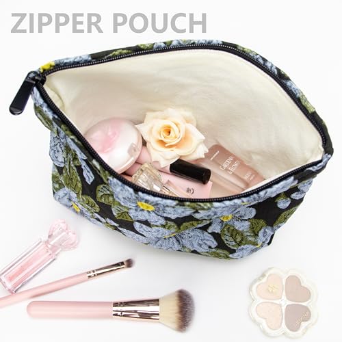 Flat Makeup Bag for Women,Zipper Cosmetic Pouch Purse,Brocade Flower Black - color: Brocade Flower Black