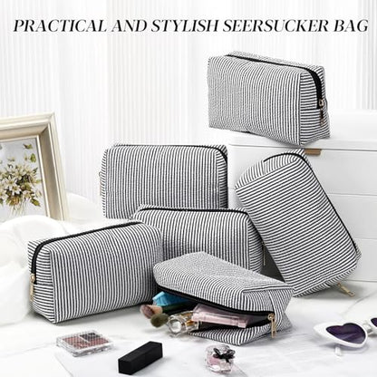 Sanwuta 6 Pcs Seersucker Cosmetic Bags Bulk, Striped Zippered,Black - color: Black
