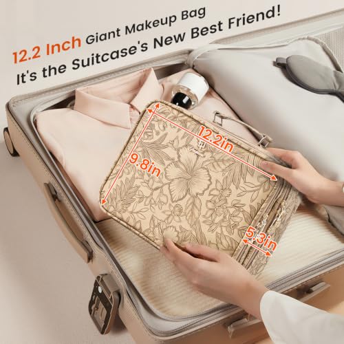 Makeup Bag with LED Lighted Mirror 12.2 IN Cosmetic Train Case Double Layer - color: 12.2 Inch Khaki Floral