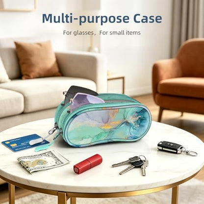 FINTIE Double Sunglasses Case, Soft Portable Eyeglasses Pouch with Clip - color: Emerald Marble